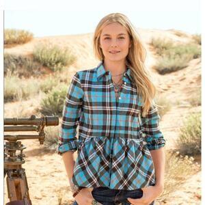 Sundance Hayden Creek Flannel Plaid Top Peplum Button Shirt Medium Blue Cotton